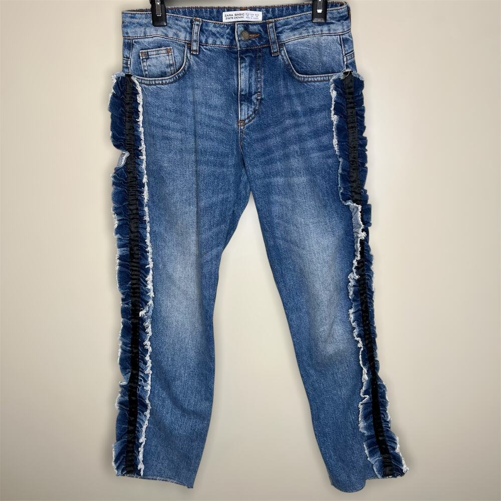 Zara Jeans 4 Womens Med Wash Side Stripe Frill Ruffle Ankle Boyfriend Denim Crop